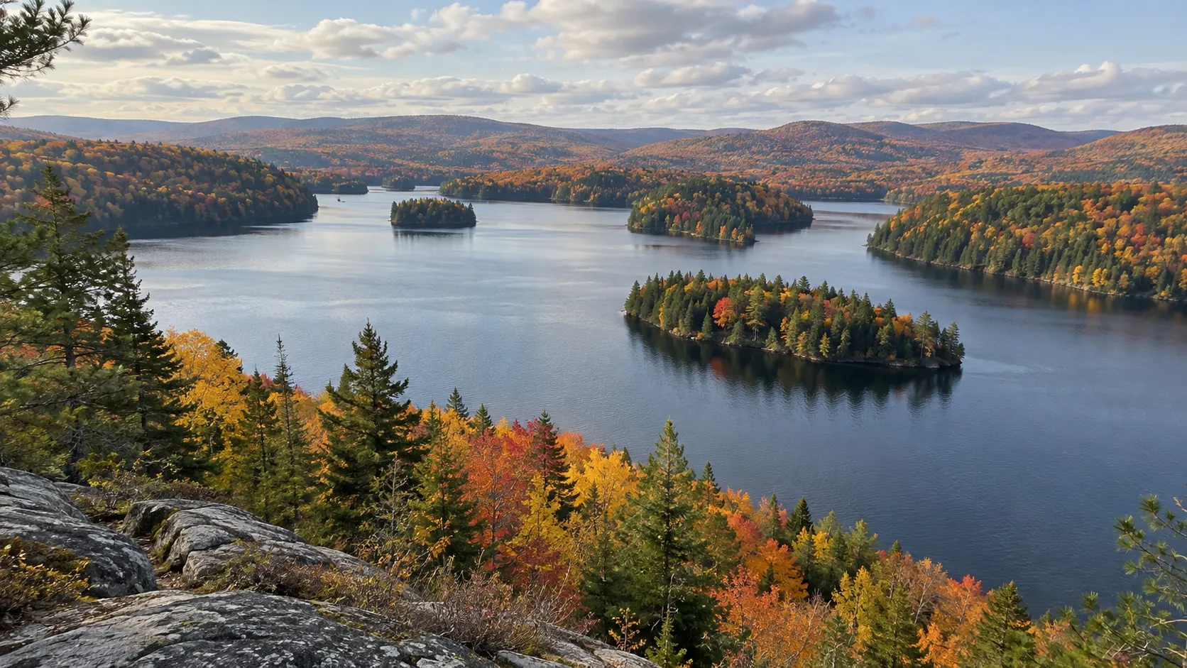 Island-dotted lake surrounded by autumn forest in La Mauricie National Park.