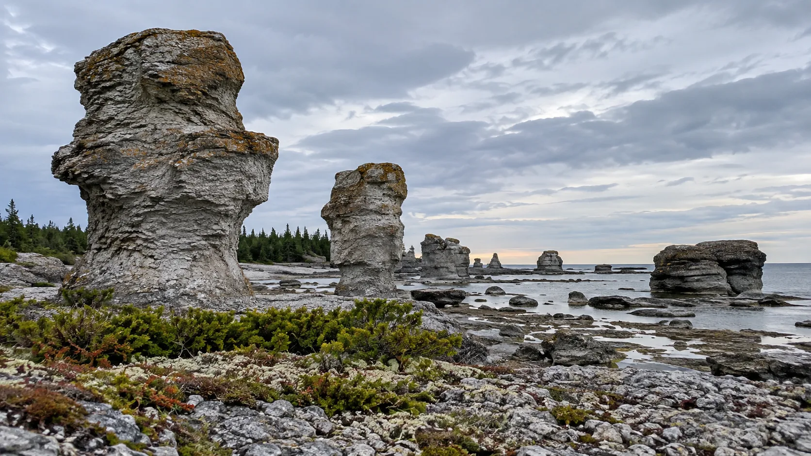 Weathered limestone monoliths along the shore of Mingan Archipelago National Park Reserve.
