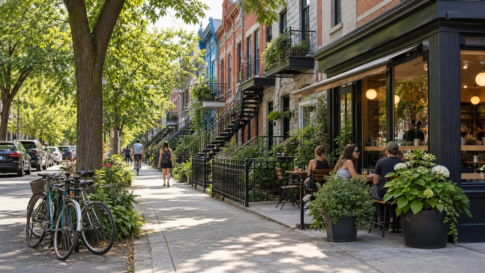 Outdoor staircases and bicycles on a leafy Plateau Montréal street