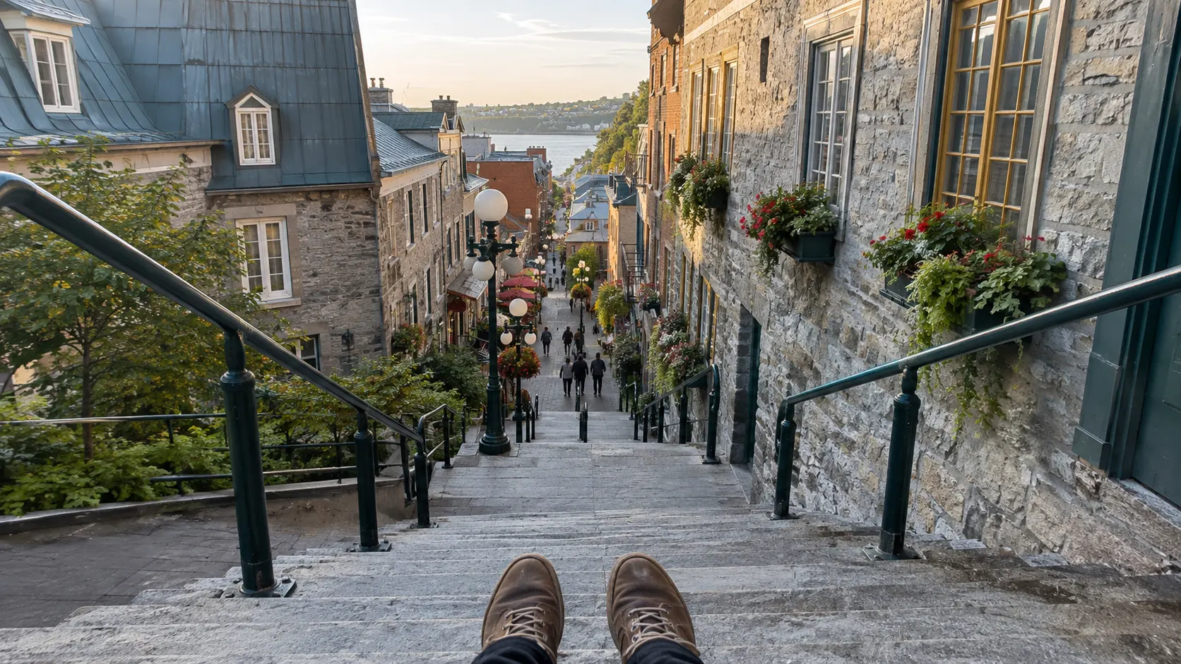 Breakneck Steps and stone buildings in Québec City's Petit-Champlain