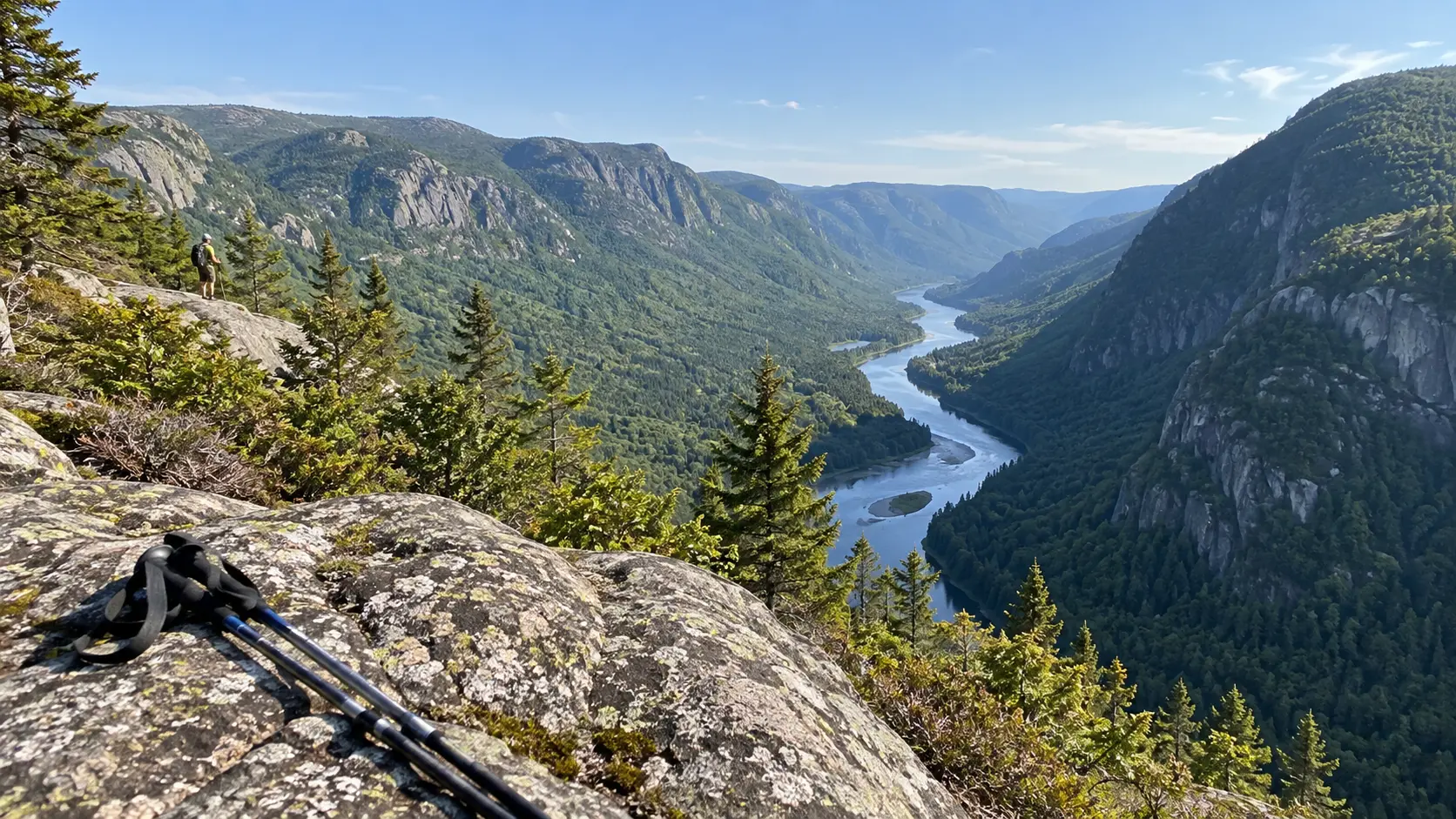 Forested valley and winding river in Hautes-Gorges-de-la-Rivière-Malbaie