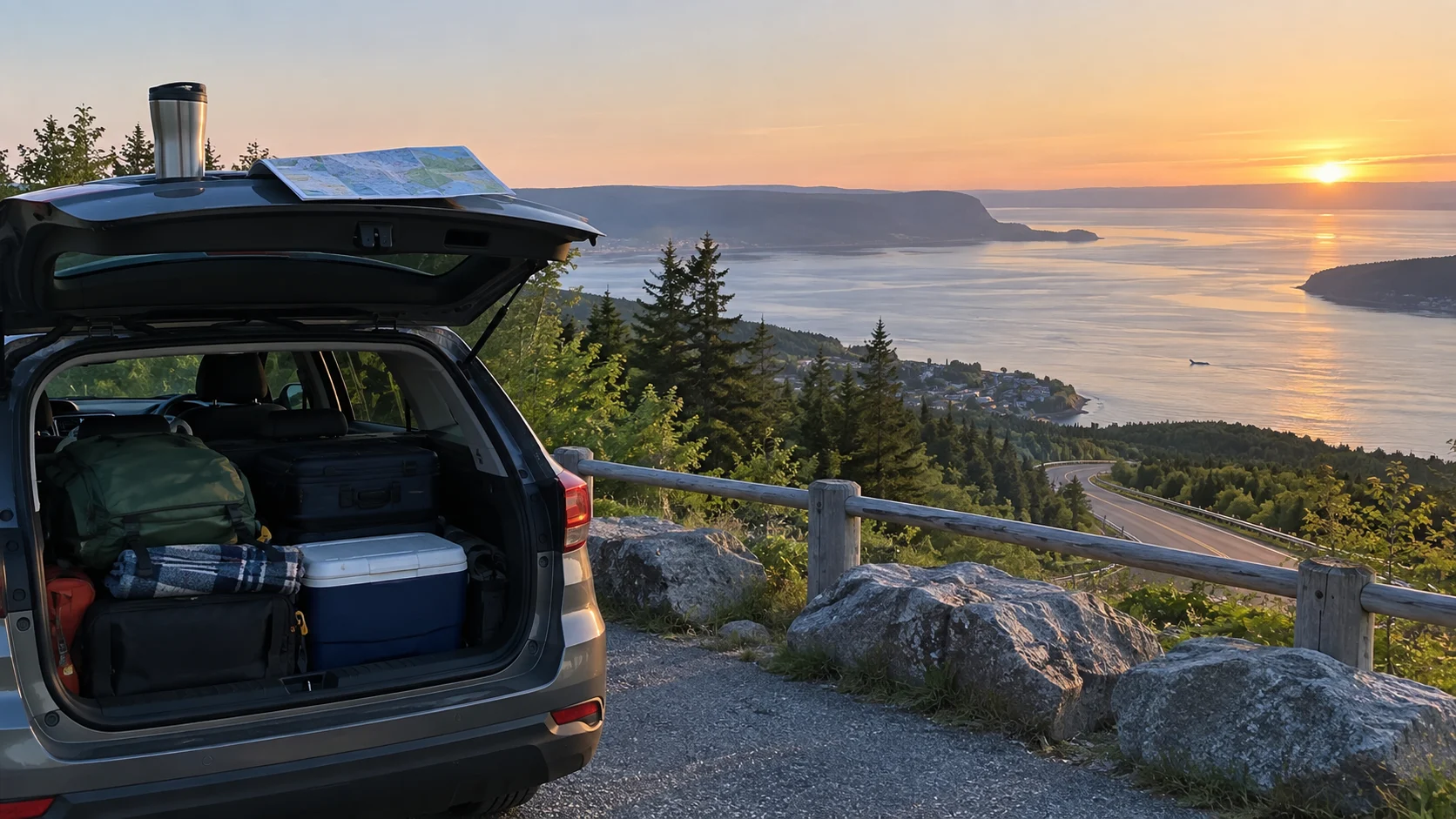 Packed car overlooking the St. Lawrence near Tadoussac at sunrise