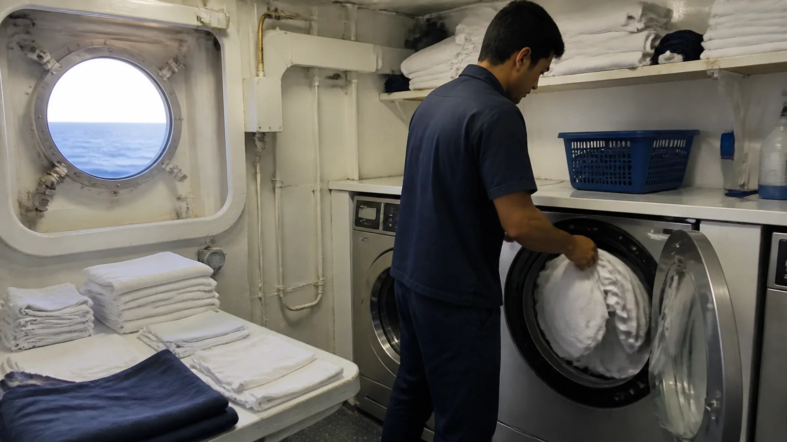 Crew member loading laundry into a shipboard washing machine.
