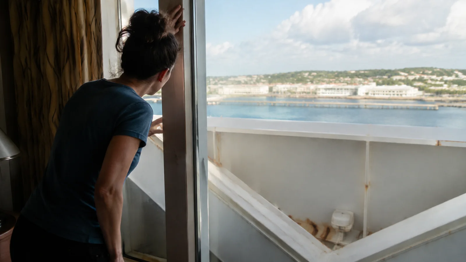 Woman looking over an exterior obstruction toward a harbor from her cruise cabin