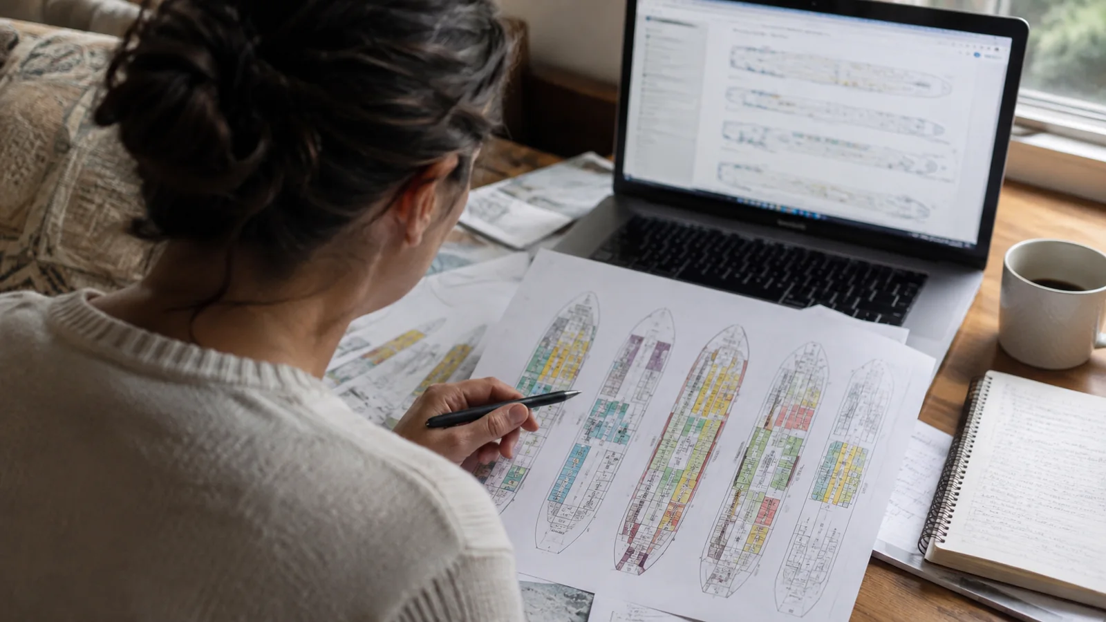Woman marking a printed cruise ship deck plan beside a laptop