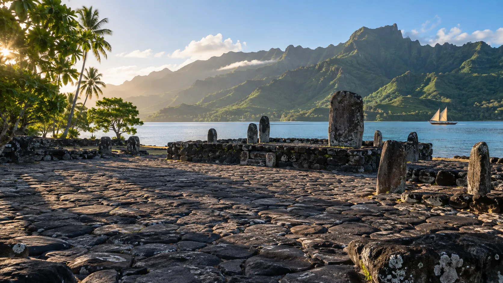 Ancient basalt stones at Taputapuatea marae beside Raiatea's lagoon and lush mountain ridges