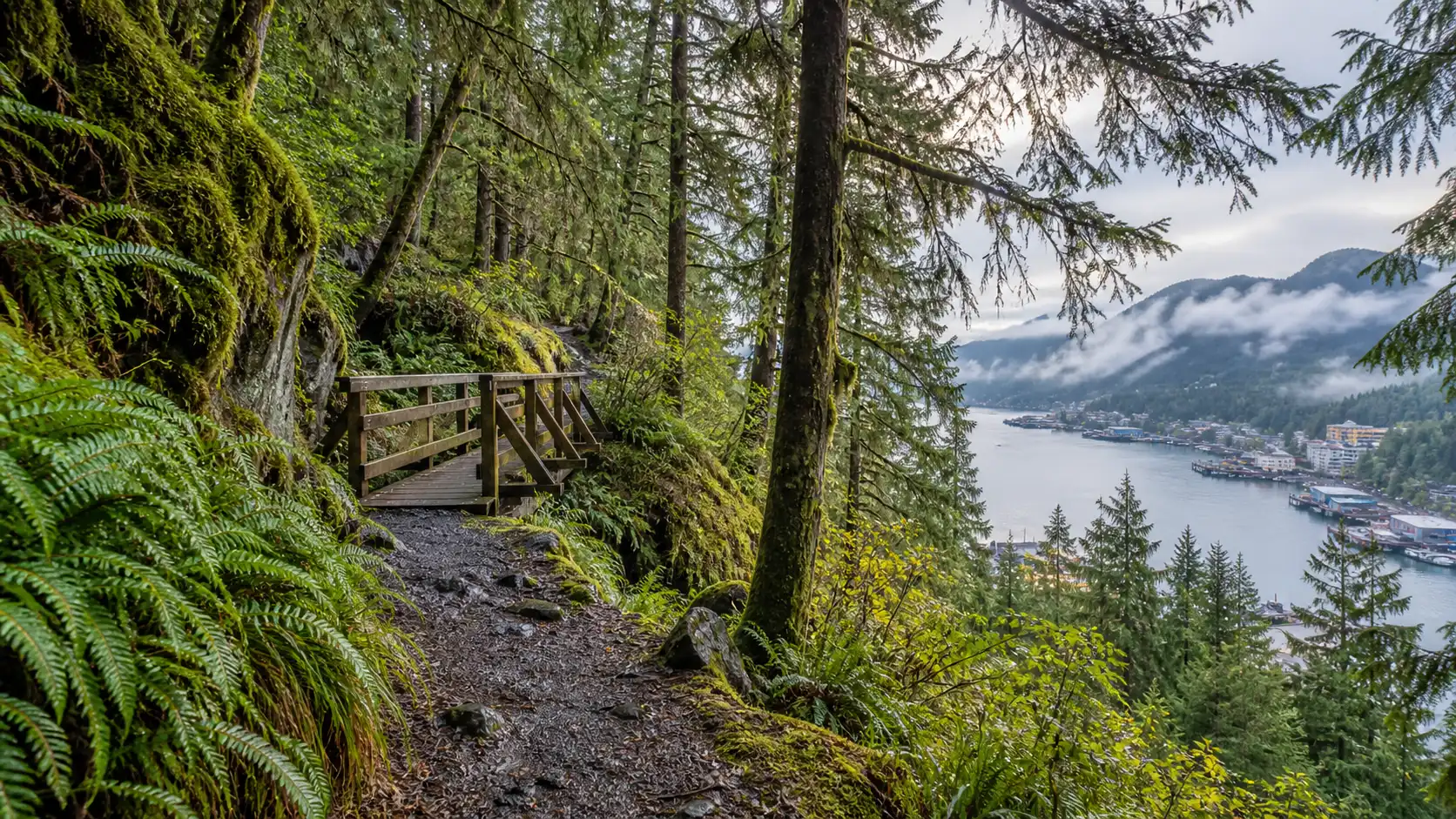 Rainbird Trail footbridge overlooking Ketchikan and Tongass Narrows through the forest
