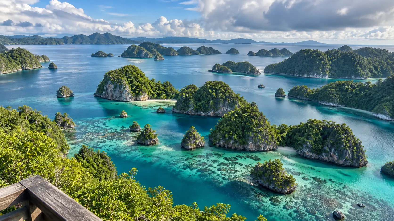 Jungle-covered limestone islets rise from turquoise reef lagoons at Raja Ampat's Piaynemo viewpoint.