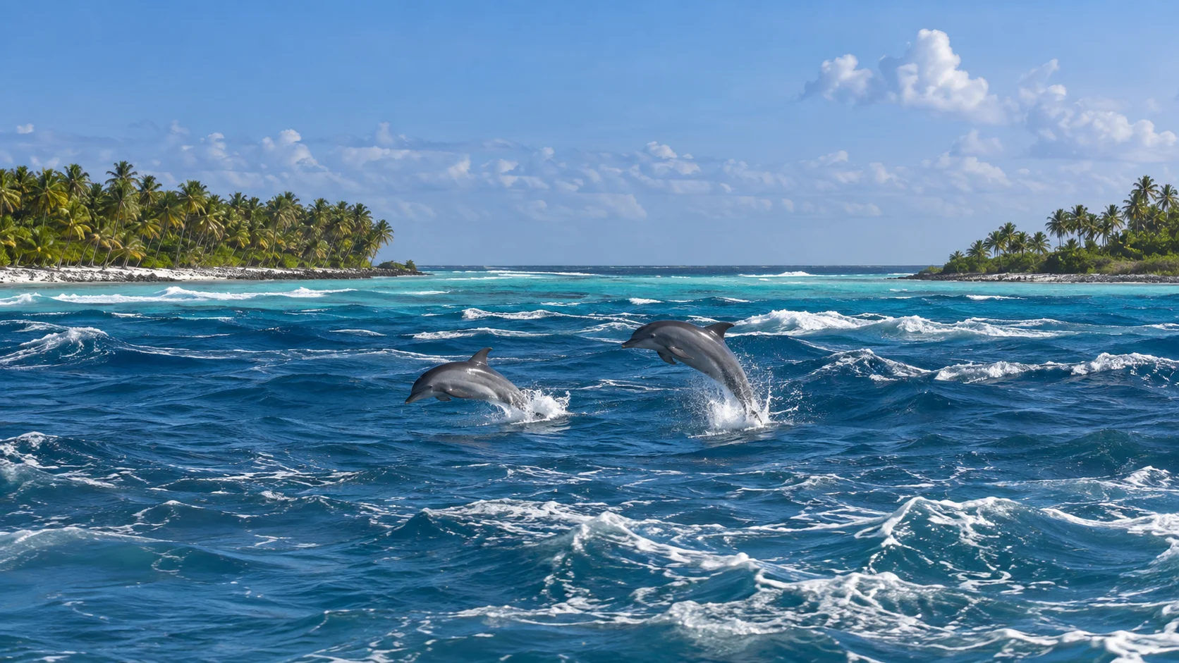 Wild dolphins leaping through the blue tidal current at Rangiroa's palm-lined Tiputa Pass