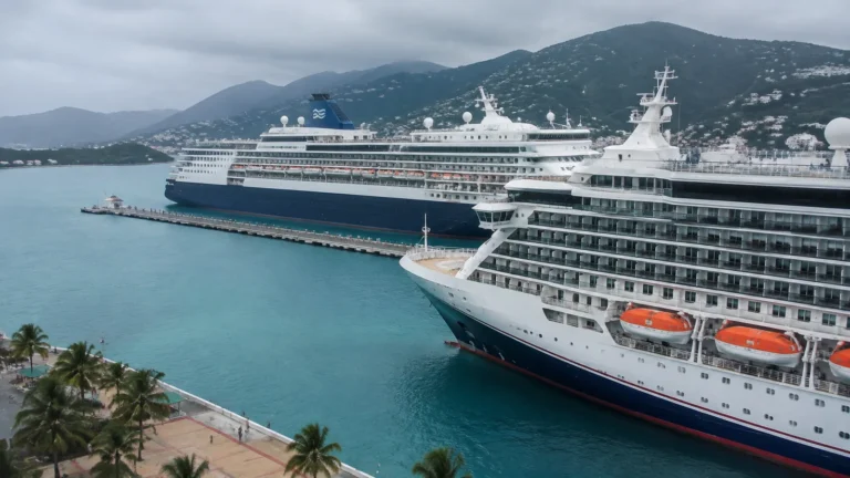 Two cruise ships docked in a turquoise harbor