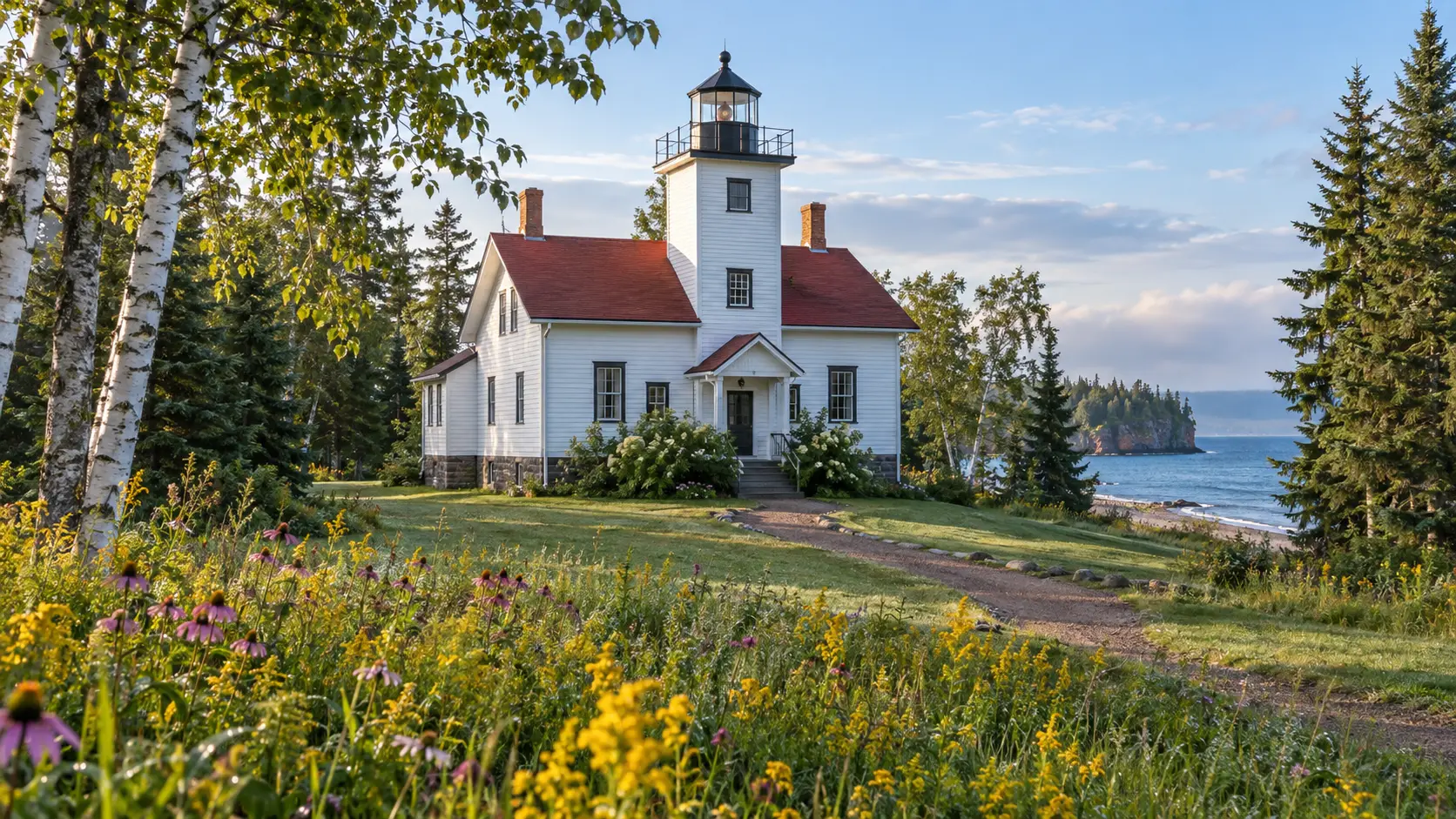 Raspberry Island Lighthouse stands beyond summer wildflowers in the Apostle Islands.