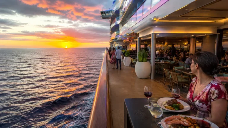 Woman seated at an outdoor cruise ship dining table at sunset