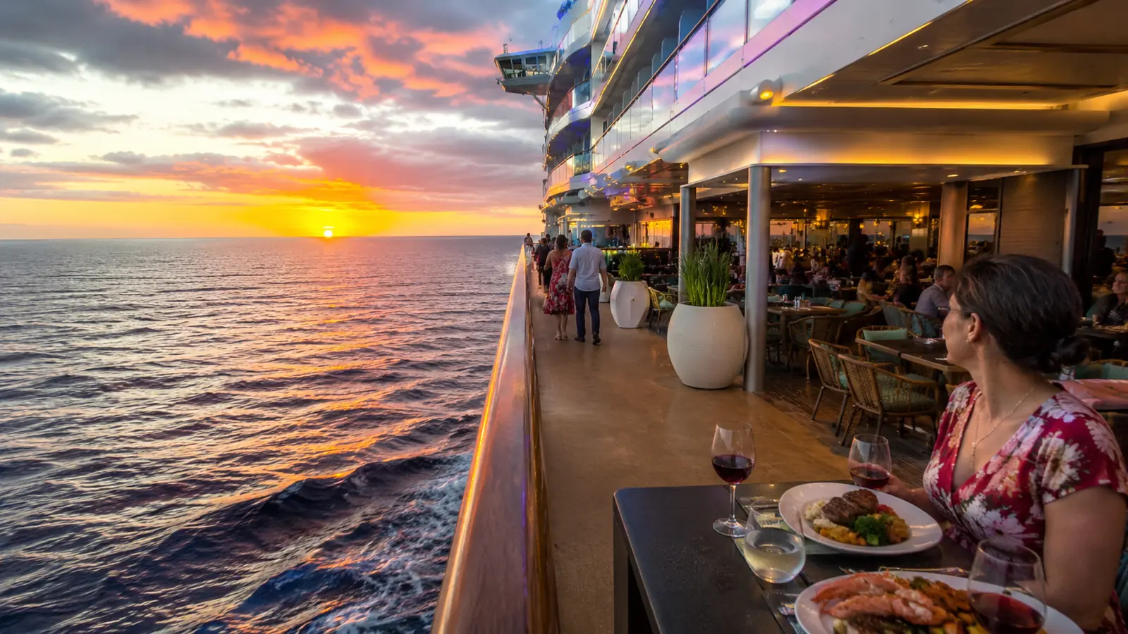 Woman seated at an outdoor cruise ship dining table at sunset