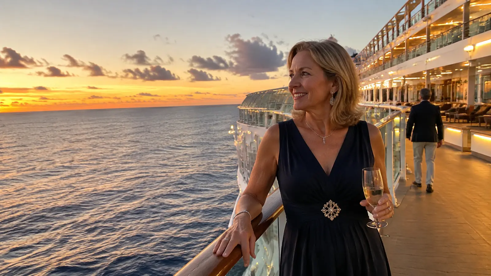 Woman in a black dress holding a wine glass on a cruise ship deck at sunset