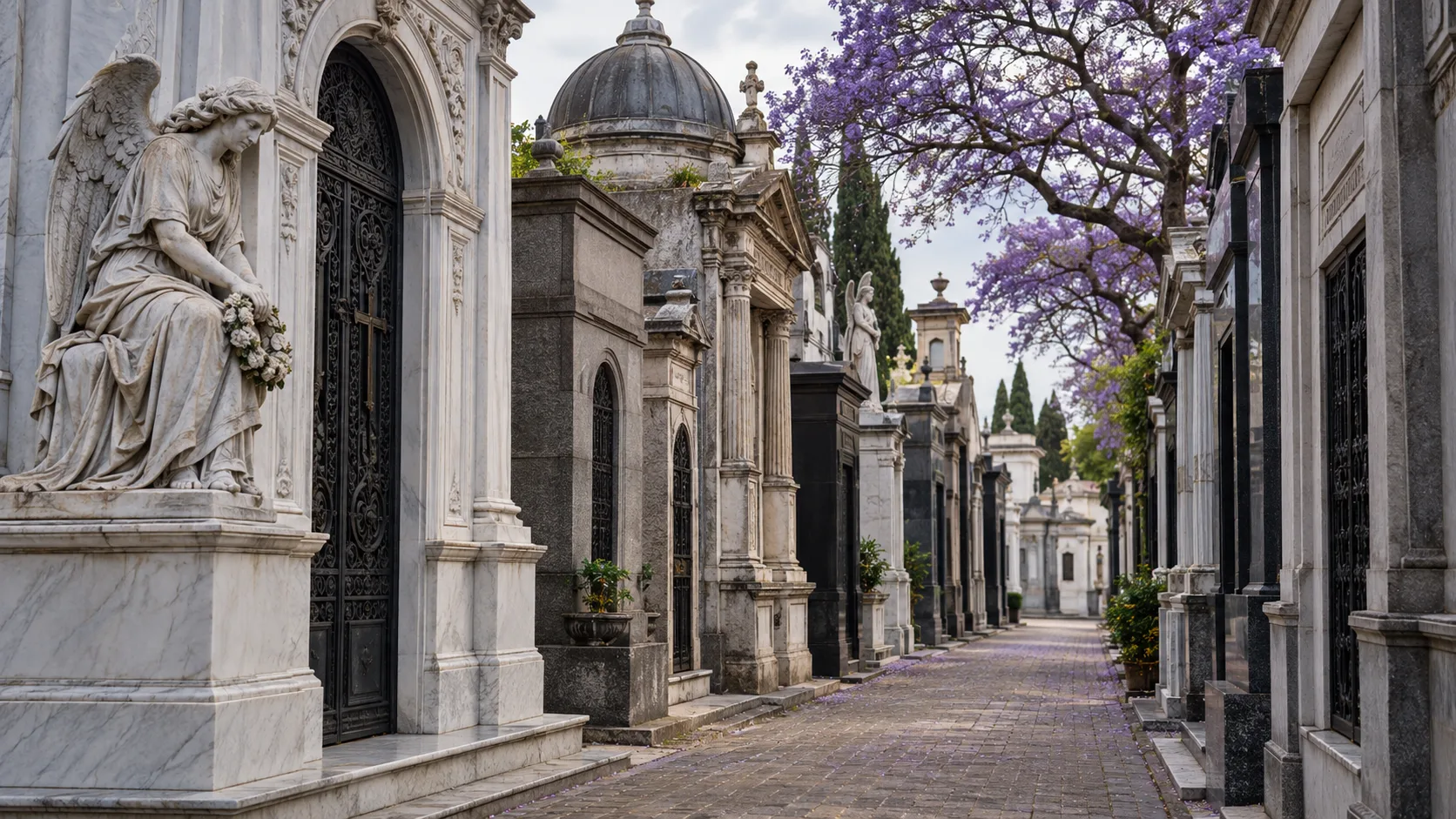 Marble mausoleums and angel sculptures beneath jacarandas in Recoleta Cemetery