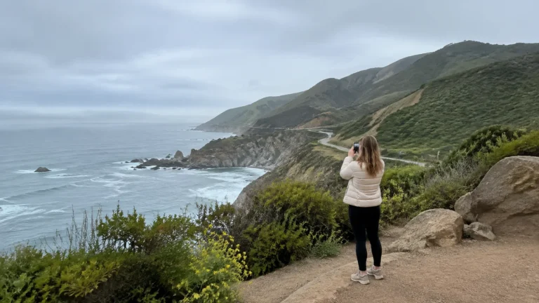 Visitor photographing a rugged coastal bay from a hillside overlook.