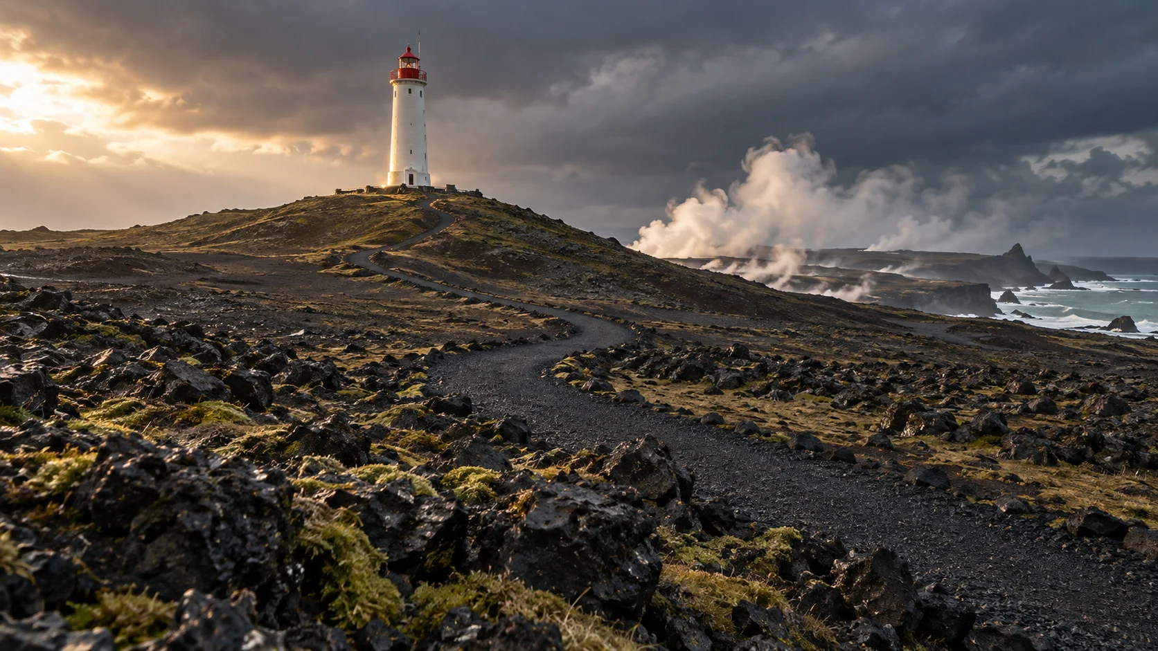 Reykjanesviti lighthouse on Bæjarfell above volcanic rock and steaming geothermal ground.