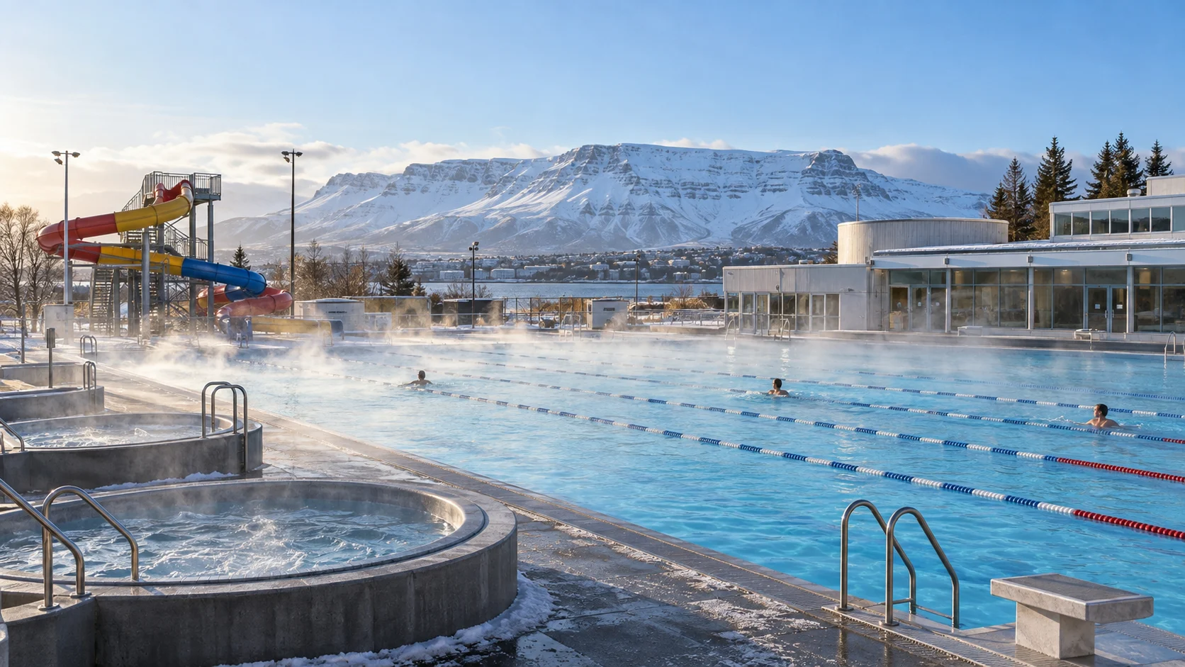Steaming outdoor lap pool and hot tubs at a Reykjavík municipal pool in winter
