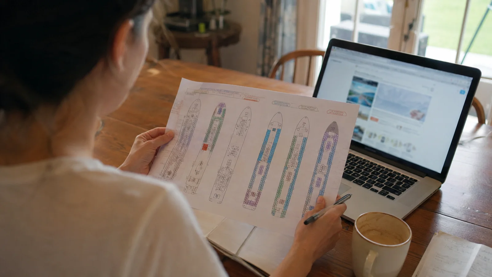 Woman comparing printed cruise ship deck plans beside a laptop and coffee cup
