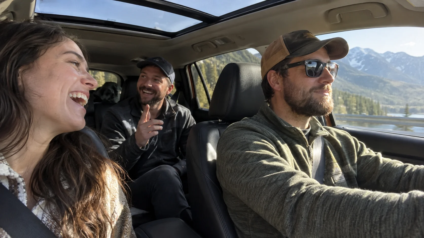 Adult passengers laughing during a game of Twenty Questions.