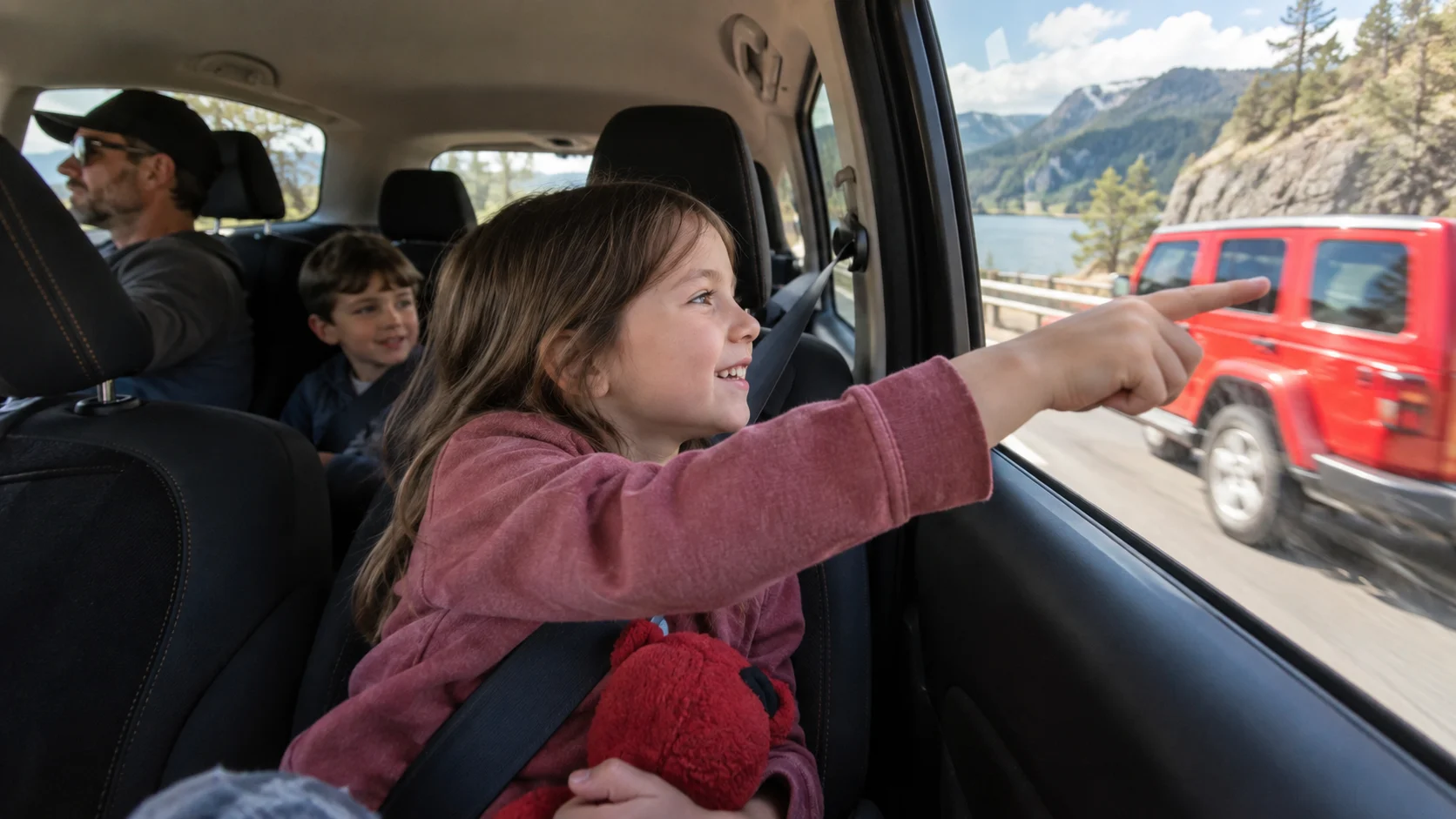 Children playing Color Search from the back seat.