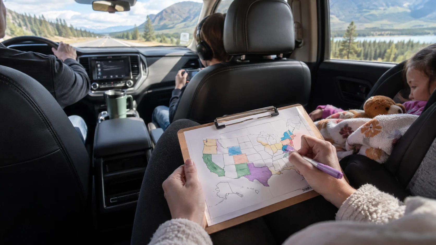 Passenger marking a license plate map during a road trip.