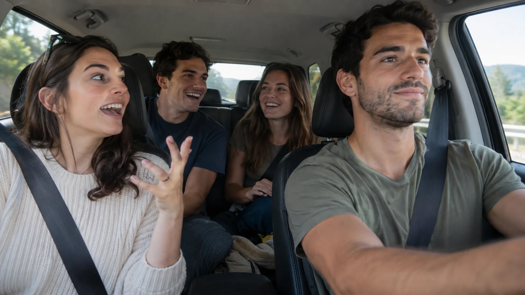 Friends playing the spoken Categories game in a car.