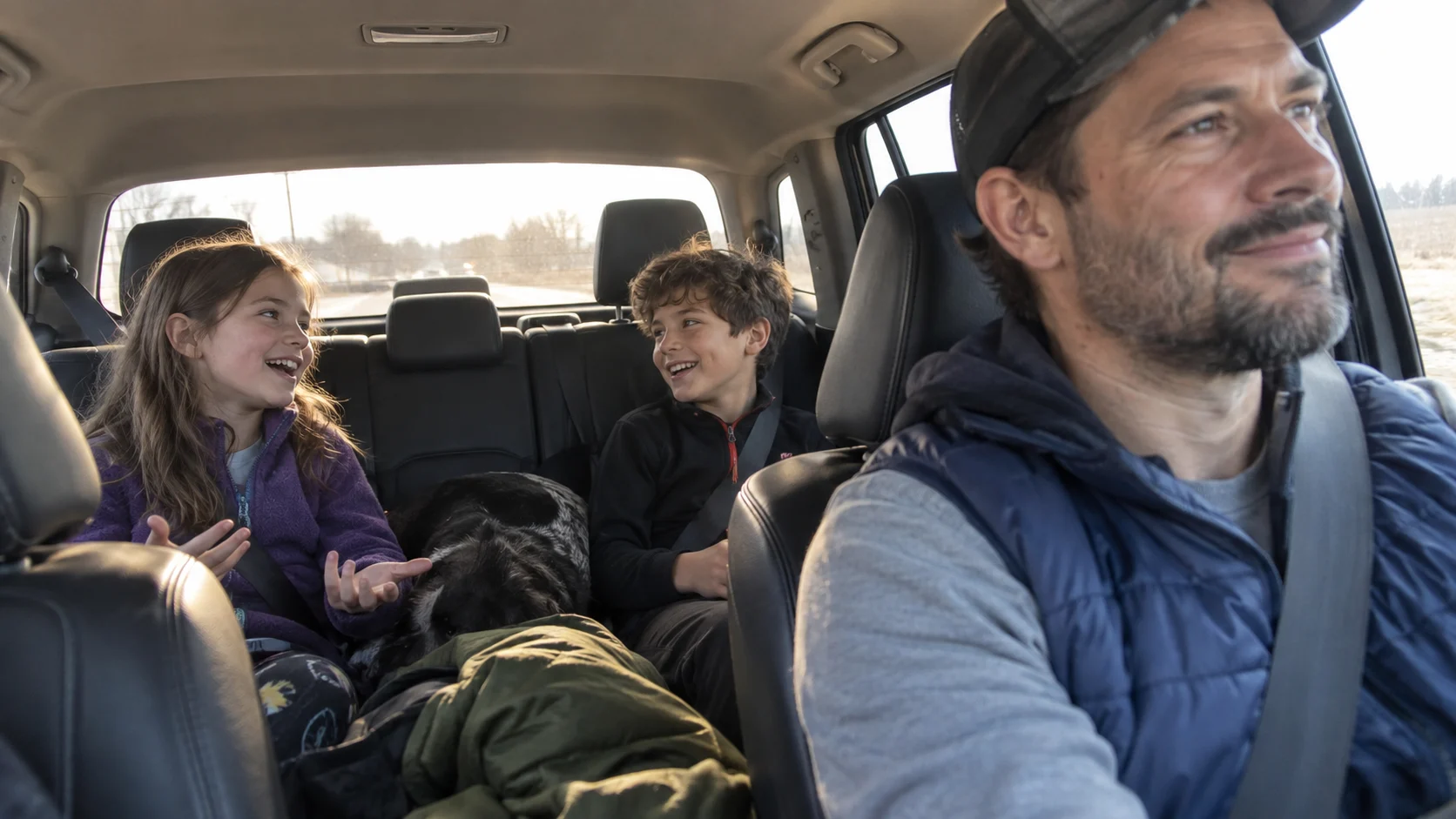 Siblings telling a Fortunately Unfortunately story in the back seat.