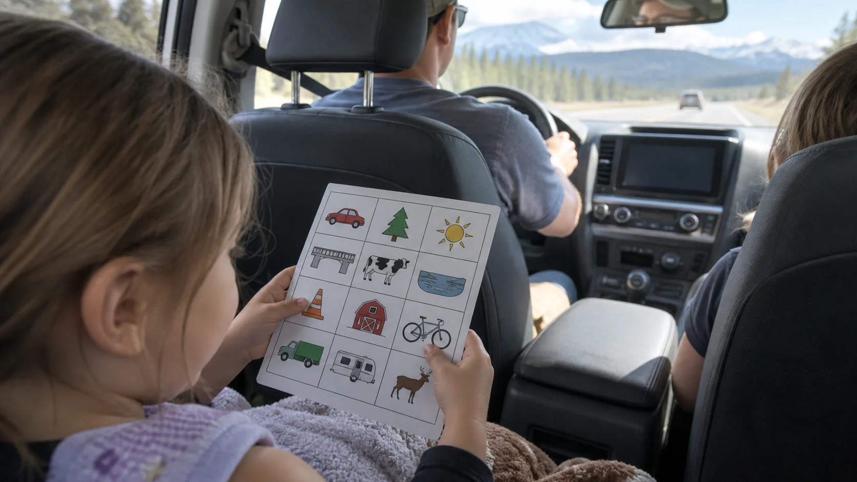 Child passenger holding a picture-based road trip bingo card.