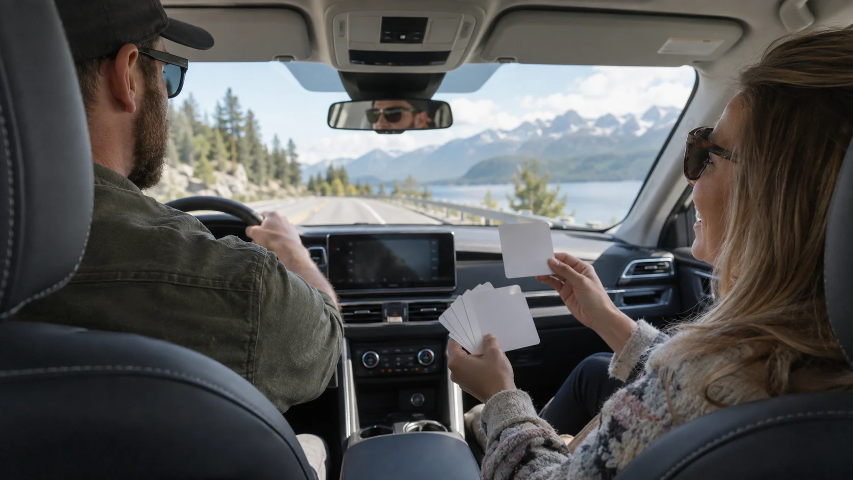 Passenger asking Trip Trivia questions from simple cards.