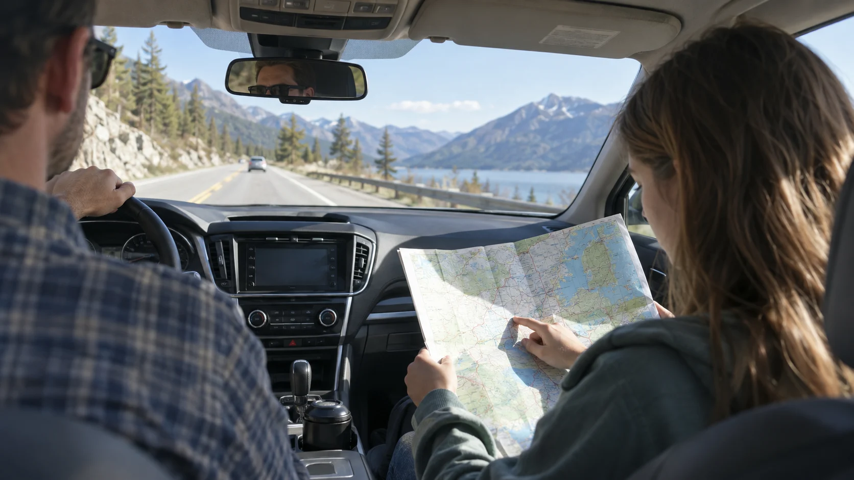 Teen passenger navigating with a folded road map.