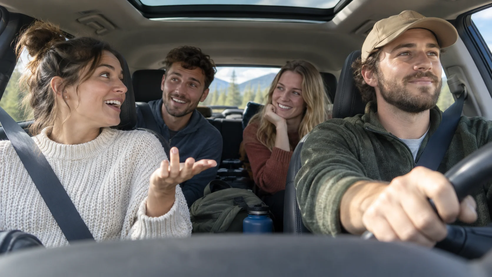 Friends discussing a Would You Rather question in the car.