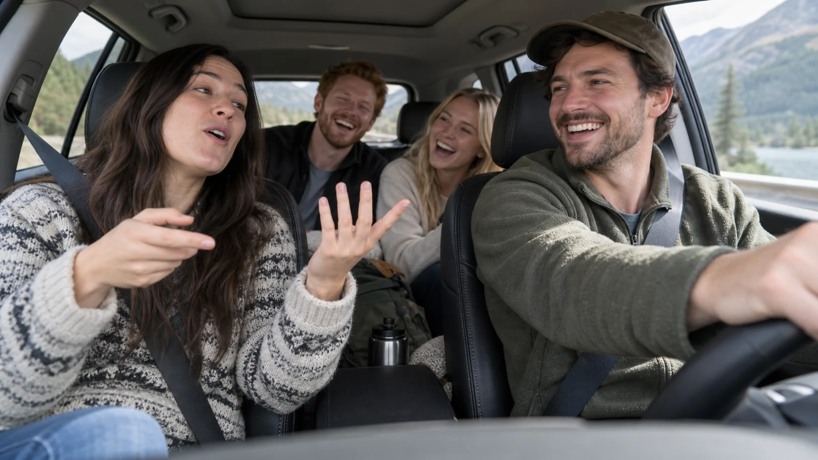 Friends inventing a funny One-Star Review while traveling.