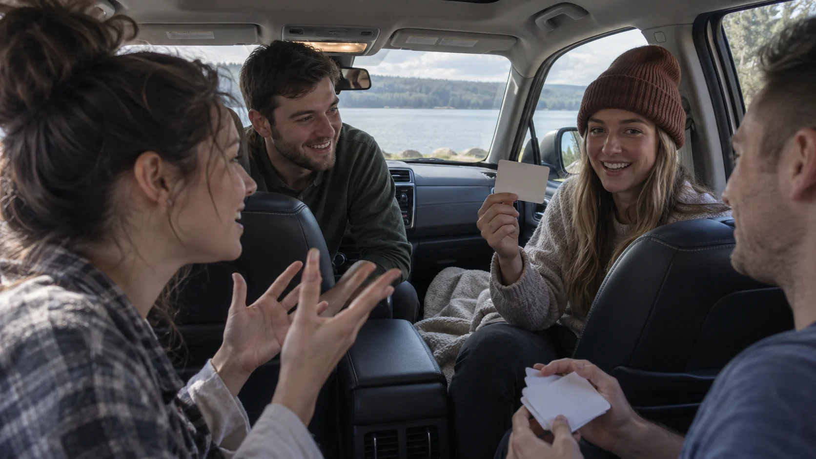 Passengers playing Password with simple cue cards.