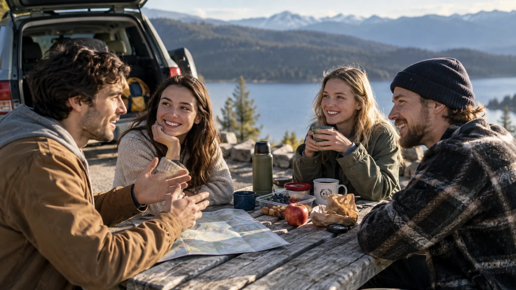 Friends drafting a perfect day at a scenic roadside stop.