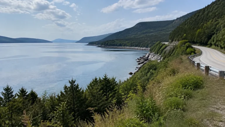 Coastal road curves between wooded hills and a broad blue bay