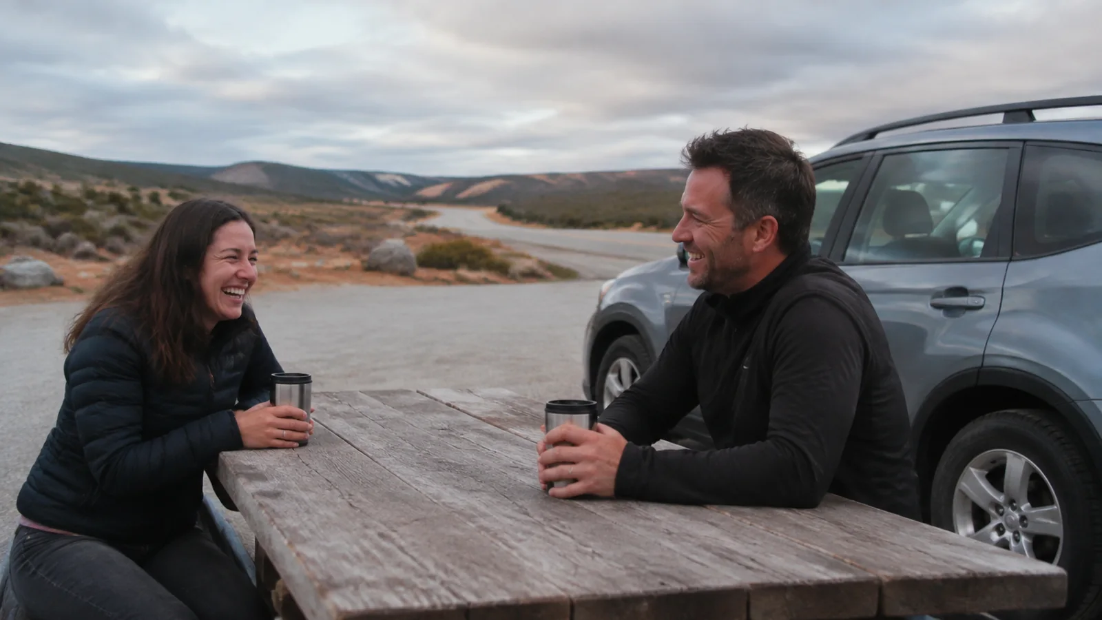 Two travelers share drinks at a picnic table beside their vehicle.
