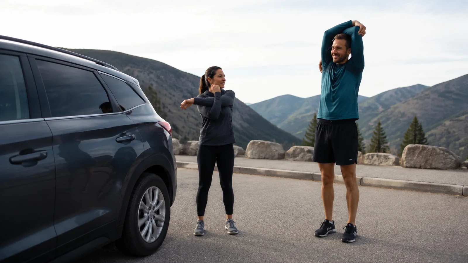 Two travelers stretch beside their parked SUV at a mountain overlook.