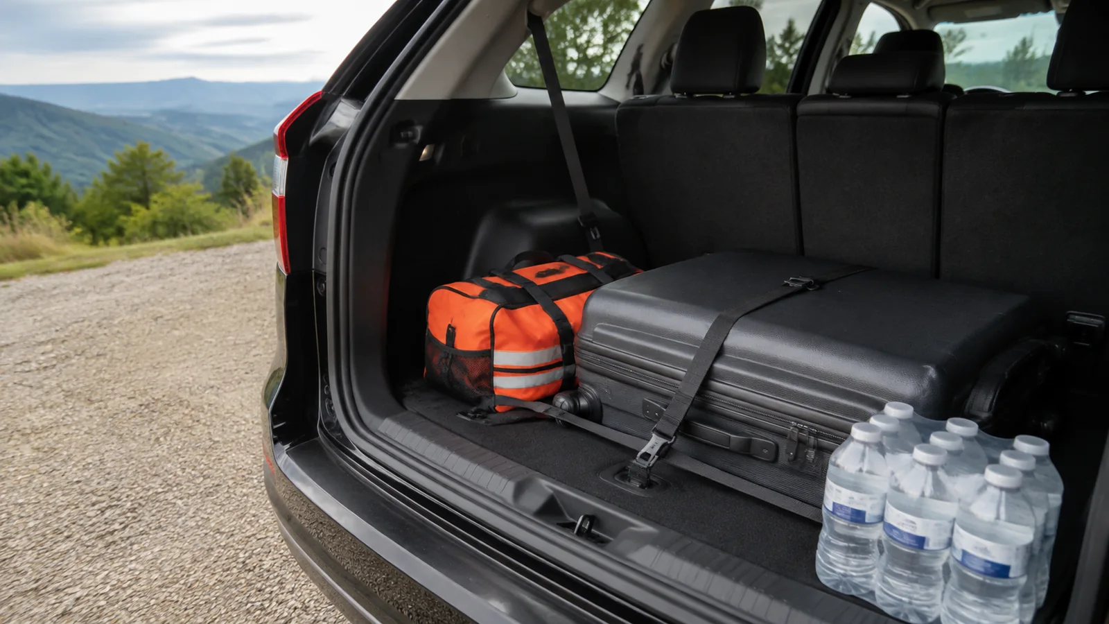 Suitcase, emergency bag, and bottled water packed in a vehicle trunk.