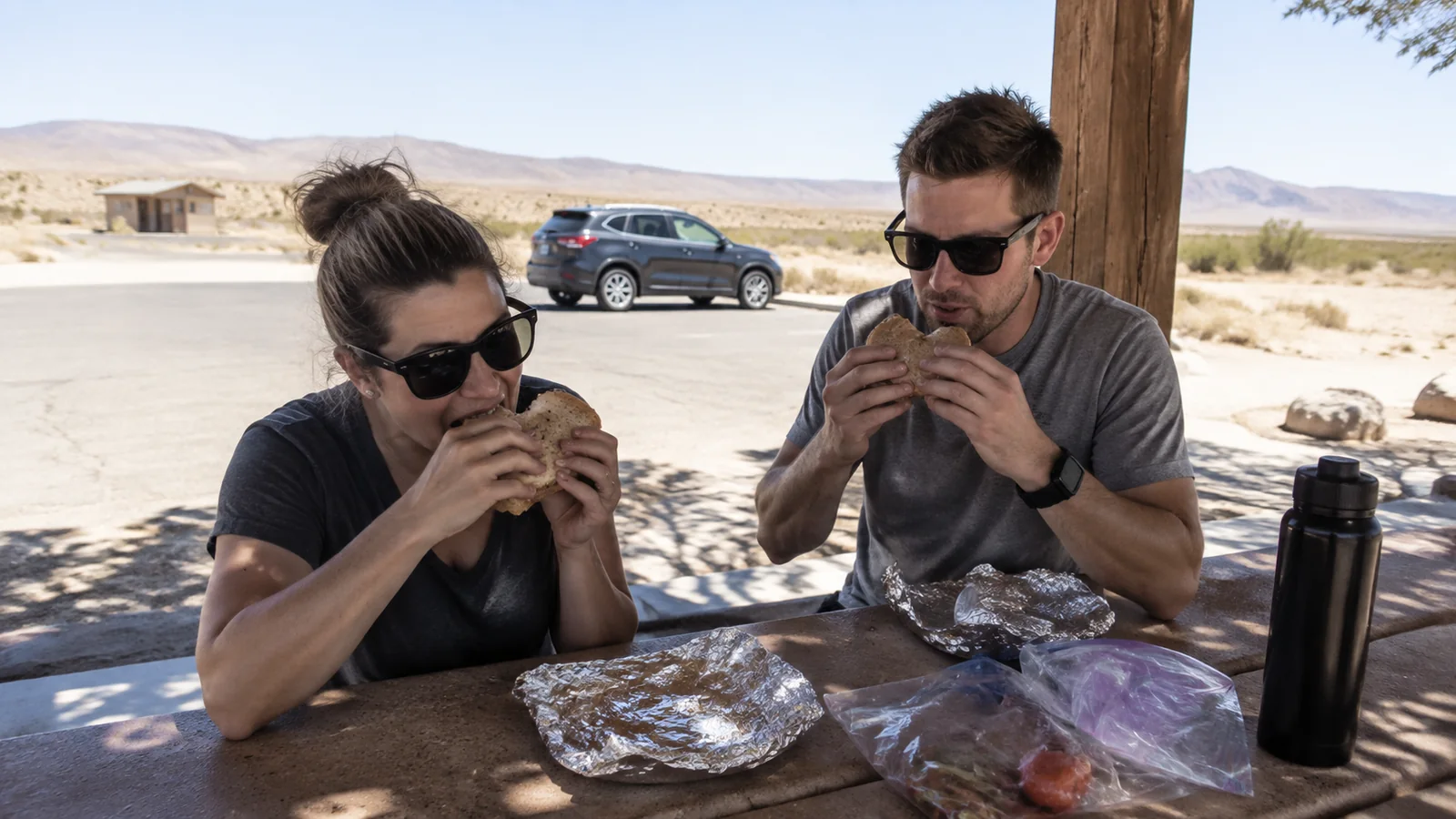 Two travelers eat sandwiches at a shaded roadside picnic table.
