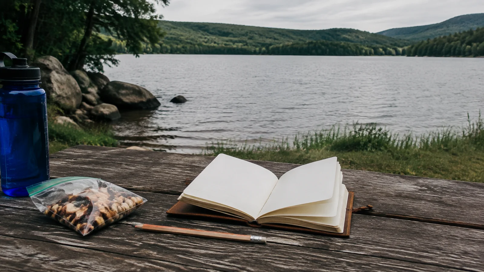 Open notebook, pencil, snack bag, and water bottle on a lakeside table.