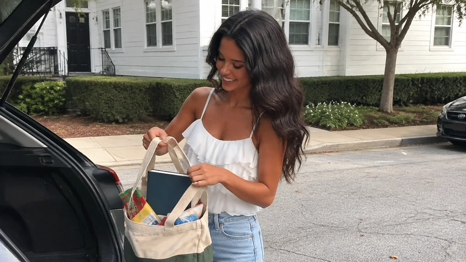 Woman arranges snacks and a notebook in a tote beside a car.