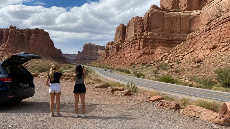 Two travelers standing beside a car on a road through red rock cliffs