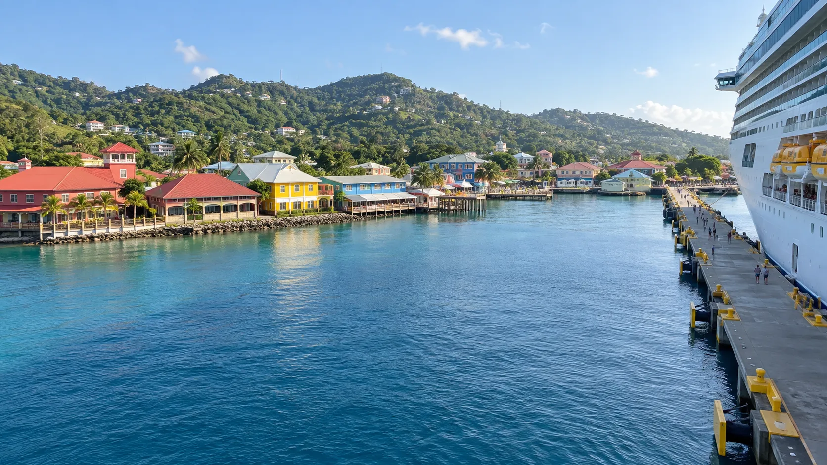 Cruise ship and colorful waterfront at Coxen Hole Roatán
