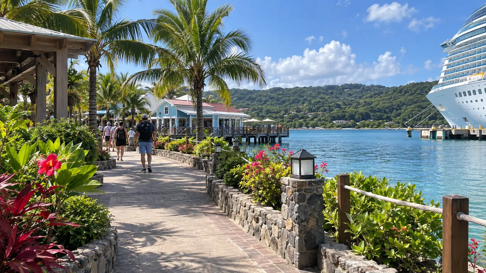 Tropical waterfront walkway at Isla Tropicale cruise port