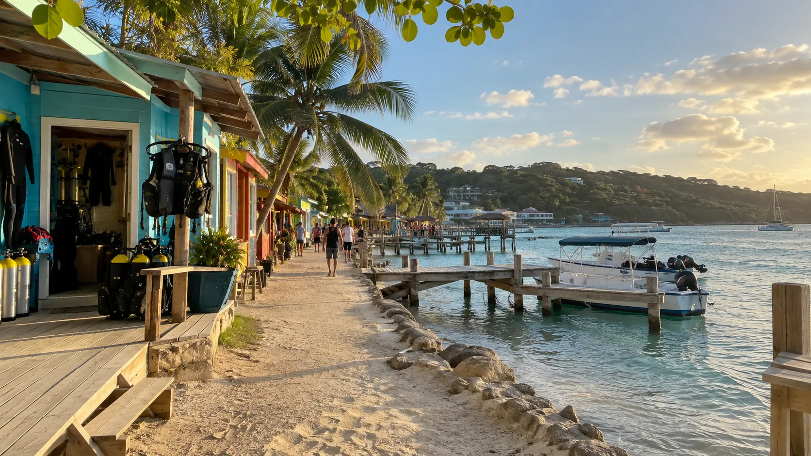 Dive shops and wooden docks along West End Roatán