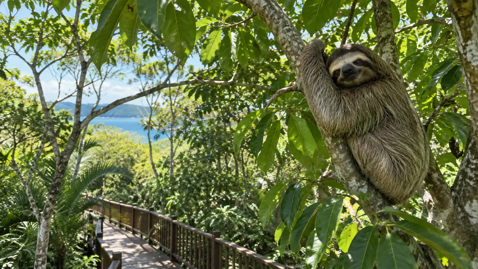 Sloth resting naturally in a leafy Roatán tree
