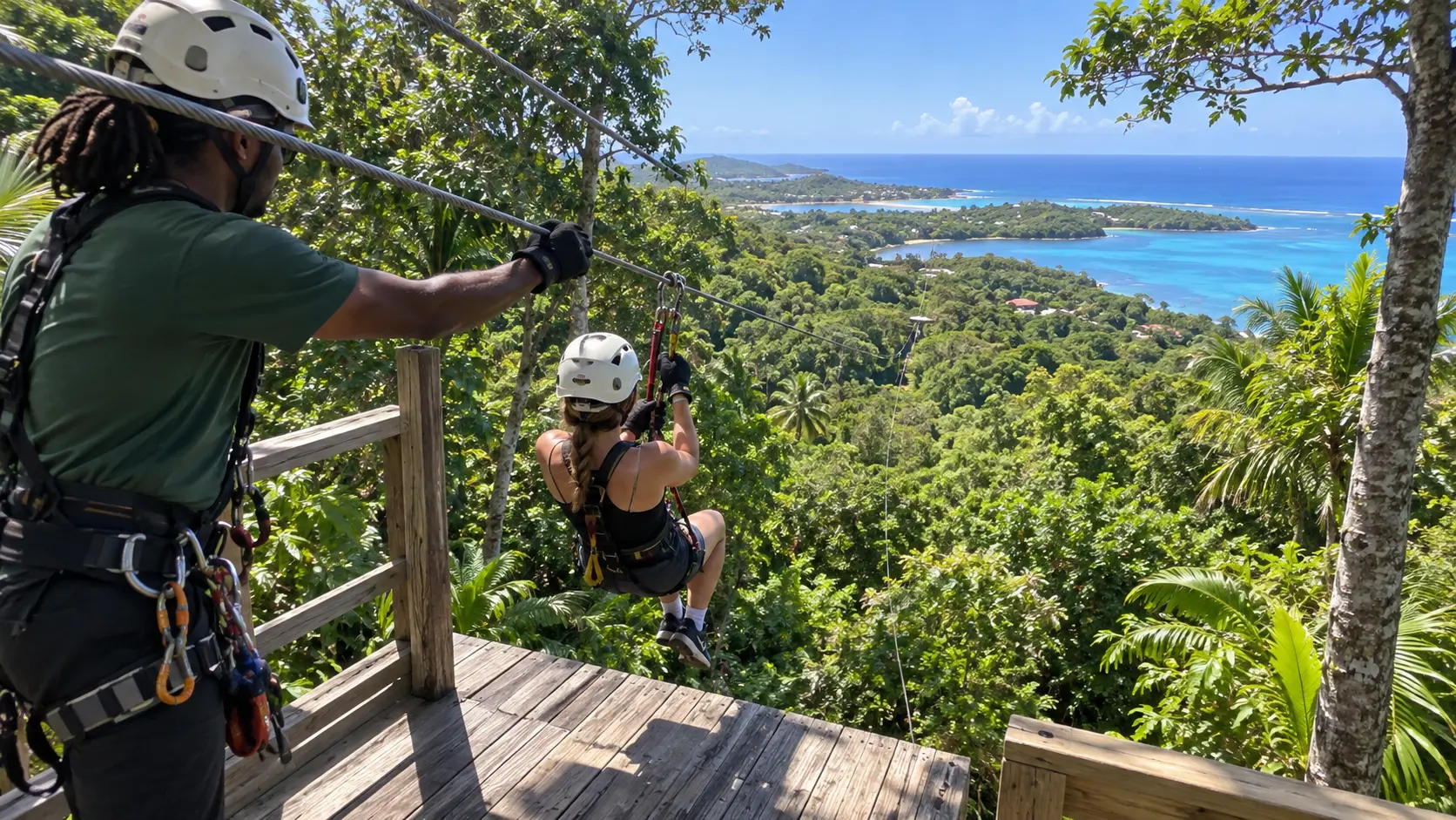 Traveler beginning a zip line over Roatán's tropical canopy