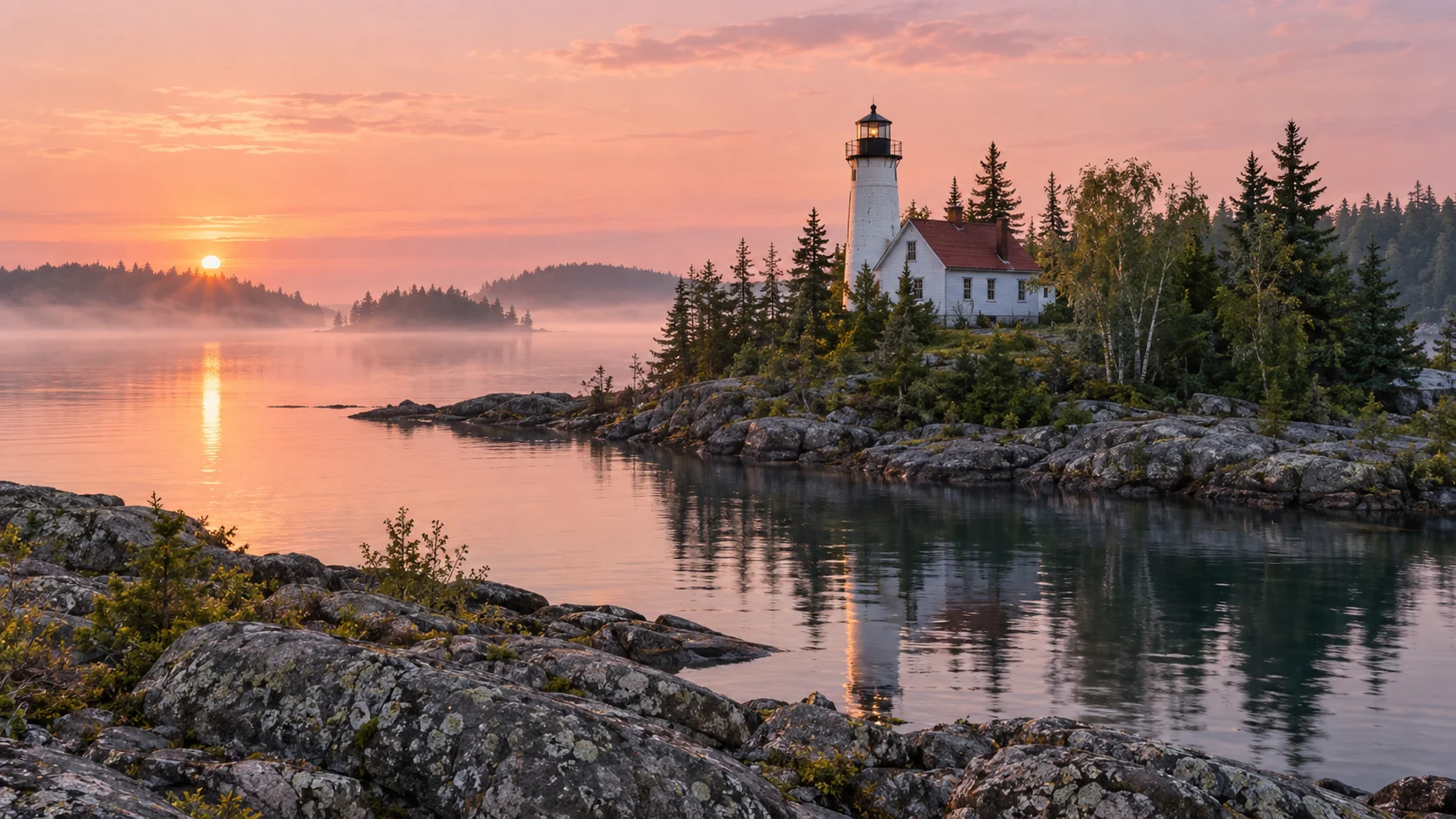 Rock Harbor Lighthouse reflects in calm water among the rocky islands of Isle Royale.