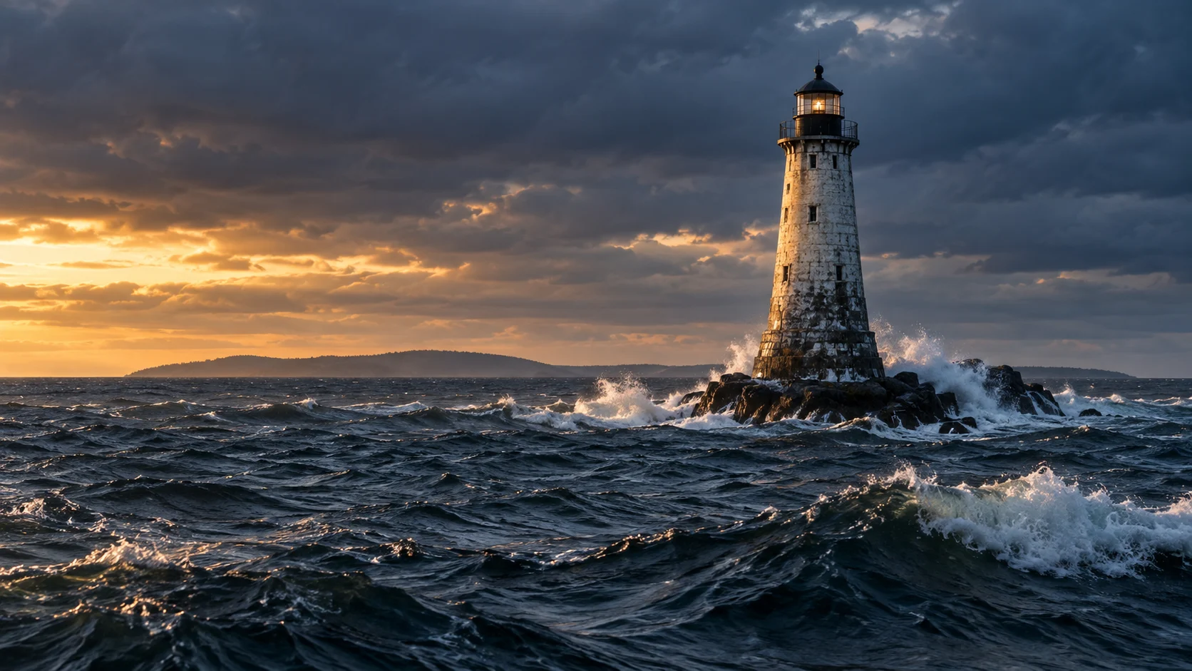 Rock of Ages Lighthouse stands alone amid storm waves near Isle Royale on Lake Superior.